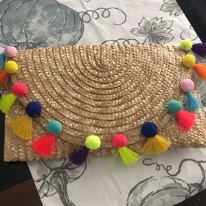 Straw Clutch with Poms